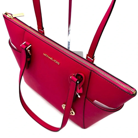 Michael Kors Large Charlotte Tote Bag Luggage Leather Electric Pink - Picture 8 of 12